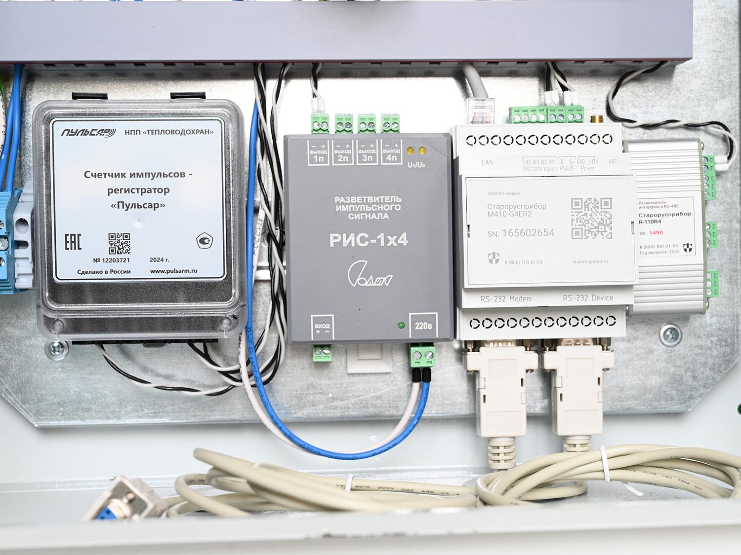 Фото ШД IP54 с GSM и Ethernet-модемом, разветвителем интерфейса и счётчиком импульсов